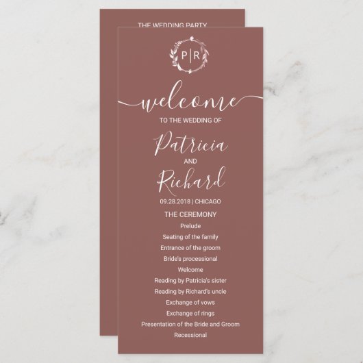 Monogram Terracotta Huwelijksprogramma Programma (Voorkant / Achterkant)