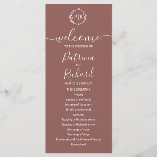 Monogram Terracotta Wedding Programme Programma (Voorkant)