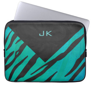 Monogram tijger - zwart en Blauwgroen afdrukpatroo Laptop Sleeve