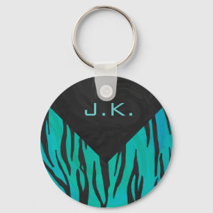 Monogram tijger - zwart en Blauwgroen afdrukpatroo Sleutelhanger