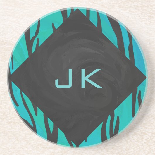 Monogram tijger - zwart en Blauwgroen afdrukpatroo Zandsteen Onderzetter (Voorkant)