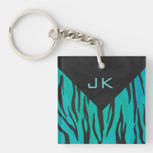 Monogram Tijger Zwart en Turkoois Print Patroon Sleutelhanger