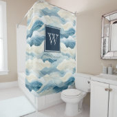 Monogram Tranquil Blue and White Wave Pattern Show Douchegordijn (In situ)