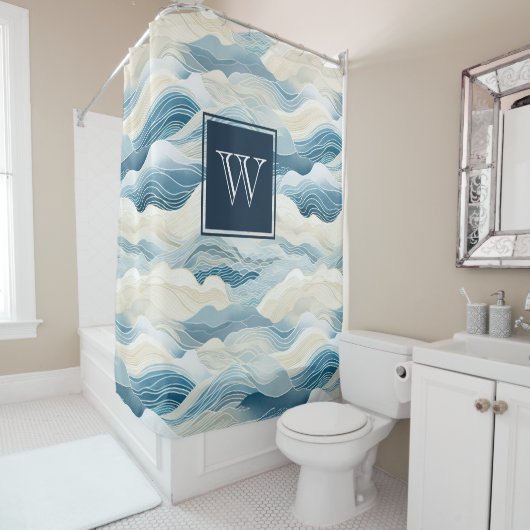 Monogram Tranquil Blue and White Wave Pattern Show Douchegordijn (In situ)