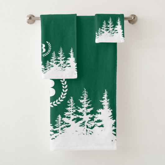 Monogram Trees Bath Towel Set  Green and White Bad Handdoek (Insitu)