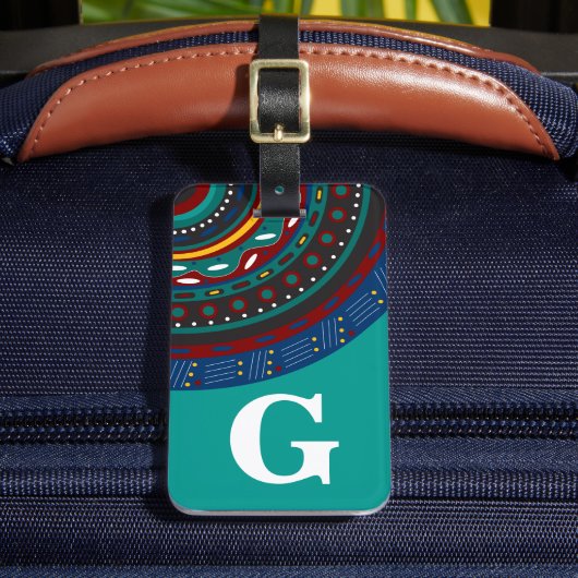 Monogram, tribaal geïnspireerd patroon, Blauwgroen Bagagelabel (Voorkant Insitu 2)