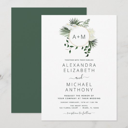 Monogram Tropical Emerald Green Wedding Invitation Kaart (Voorkant / Achterkant)
