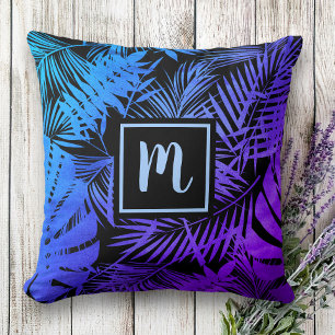 Monogram tropisch blauw paarse ombre bladpatroon kussen