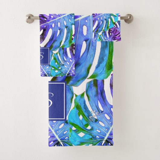 Monogram Tropisch Leaf Pattern Paars Blue Modern Bad Handdoek (Insitu)