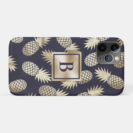 Monogram Tropische anananas Girly Gold Navy Case-Mate iPhone Case (Achterkant (horizontaal))