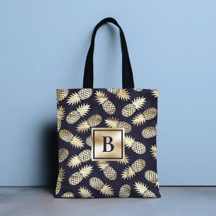 Monogram Tropische anananas Girly Gold Navy Draagtas