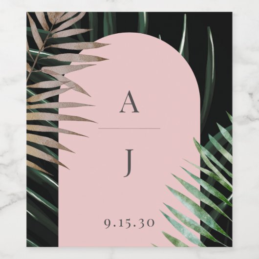 Monogram Tropische Blush Roze Boog Palm Bladeren Wijn Etiket (Enkel label)
