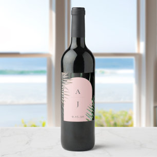 Monogram Tropische Blush Roze Boog Palm Bladeren Wijn Etiket