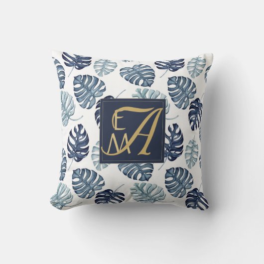 Monogram Tropische Palm Navy Blauw Goud Bruiloft Kussen (Voorkant)