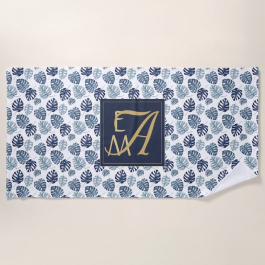 Monogram Tropische Palm Navy Blauw Goud Bruiloft Strandlaken (Voorkant)