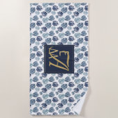 Monogram Tropische Palm Navy Blauw Goud Bruiloft Strandlaken (Voorkant)