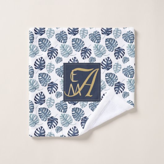 Monogram Tropische Palm Navy Blauwe Gouden Trouw Bad Handdoek (Wasdoekje)