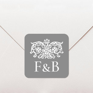 Monogram Trouw Ornamenteel Bloemmotief Donkergrijs Vierkante Sticker