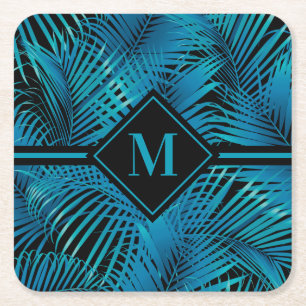 Monogram Turquoise Black Palms Vierkante Kartonnen Onderzetter