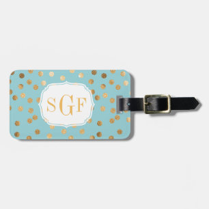 Monogram Turquoise Blue en Gold Glitter City Stipp Bagagelabel