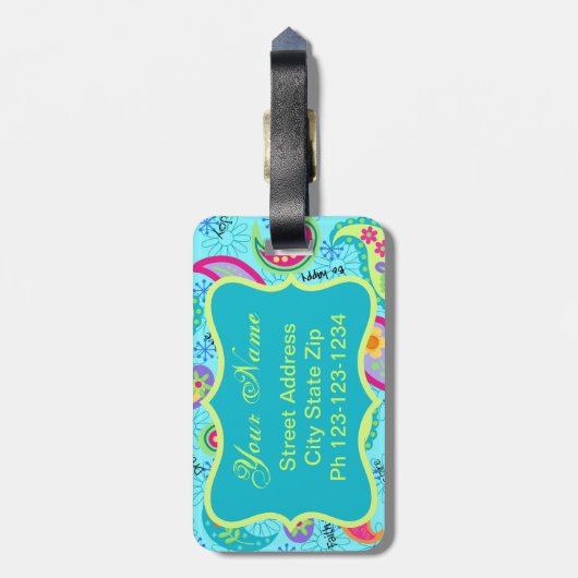 Monogram Turquoise Blue Modern Paisley Pattern Bagagelabel (Achterkant verticaal)