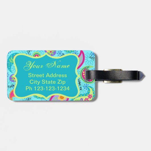 Monogram Turquoise Blue Modern Paisley Pattern Bagagelabel (Achterkant horizontaal)