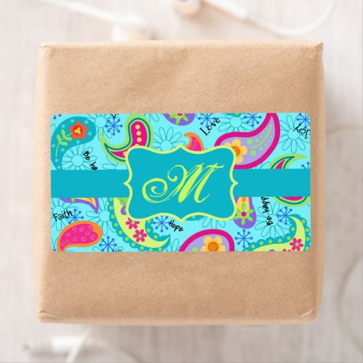 Monogram Turquoise Blue Modern Paisley Pattern Etiket (Insitu)