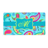 Monogram Turquoise Blue Modern Paisley Pattern Etiket (Voorkant)