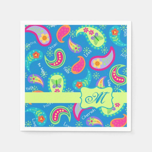Monogram Turquoise Blue Modern Paisley Pattern Servet (Voorkant)