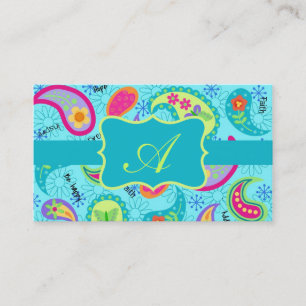 Monogram Turquoise Blue Modern Paisley Pattern Visitekaartje