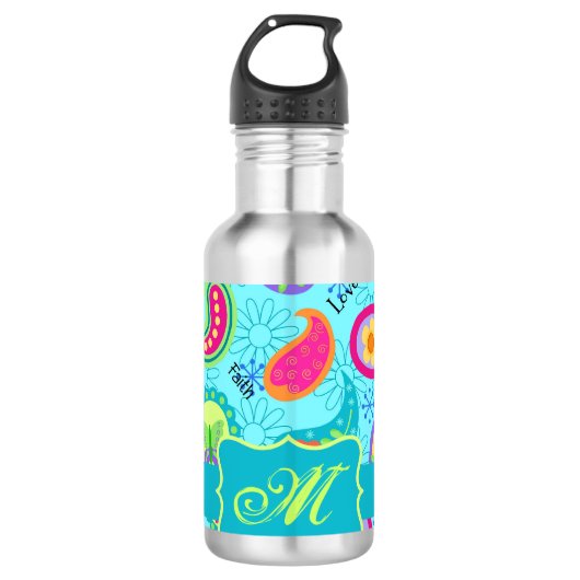 Monogram Turquoise Blue Modern Paisley Pattern Waterfles (Voorkant)