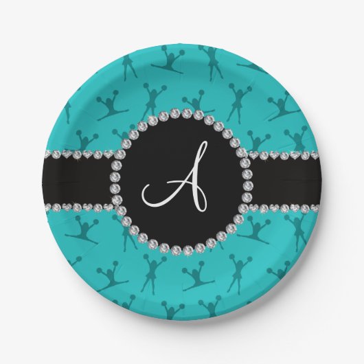 Monogram turquoise cheerleading zwarte cirkel papieren bordje (Voorkant)