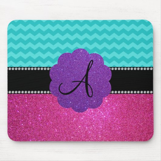 Monogram turquoise chevrons roze glitter muismat (Voorkant)