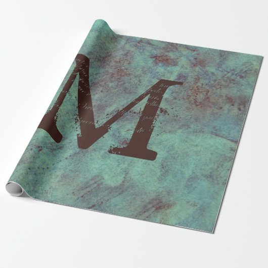 Monogram Turquoise Copper Rustic Texture Grunge Cadeaupapier (Uitgerold)