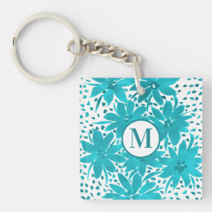 Monogram Turquoise Daisy Waterverf Bouquet Sleutelhanger
