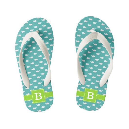 Monogram Turquoise en Green Whales Square Kinder Teenslippers (Voetbed)