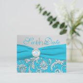 Monogram Turquoise en Silver Save the Date Kaart (Staand voorkant)