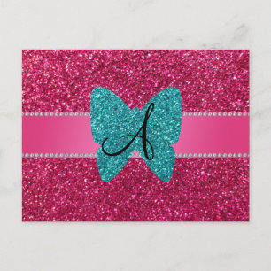 Monogram turquoise glitter butterfly roze briefkaart