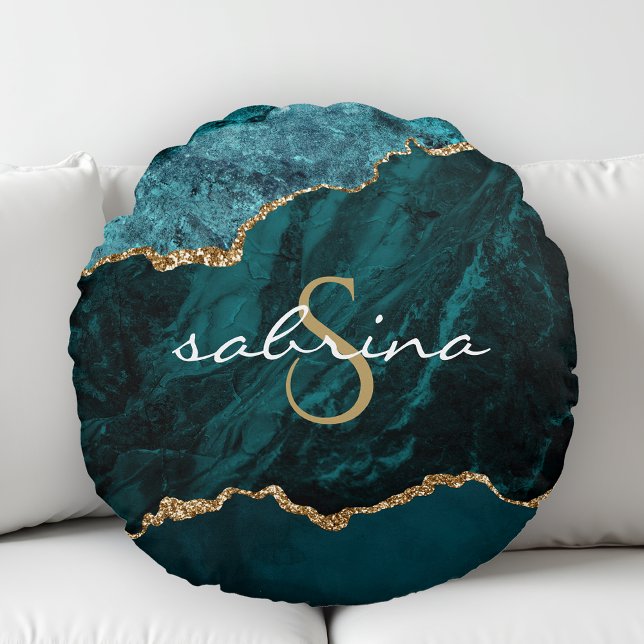 Monogram Turquoise Goud Agaat Geode Rond Kussen (Creator heeft geüpload)