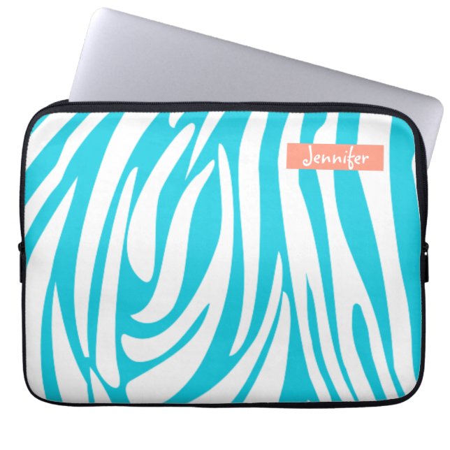Monogram Turquoise Kleur Gestreept Zebra Patroon Laptop Sleeve (Voorkant)