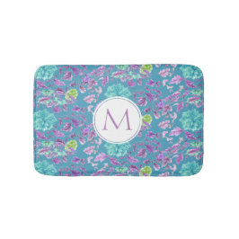 Monogram Turquoise Paars Floral Pattern Badmat