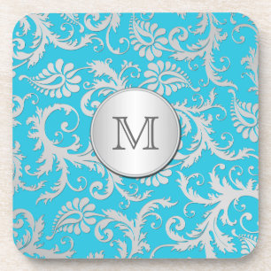 Monogram Turquoise Silver Damask Onderzetter Set (