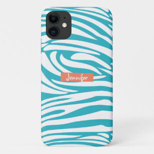 Monogram Turquoise Striped Zebra Pattern Trendy iPhone 11 Hoesje
