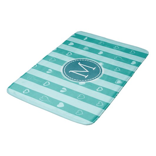 Monogram Turquoise Stripes Modern Heart Pattern Badmat (Gekanteld)