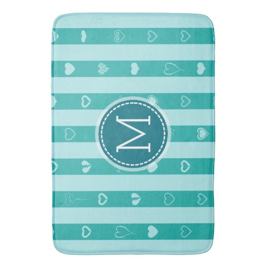 Monogram Turquoise Stripes Modern Heart Pattern Badmat (Voorkant Verticaal)