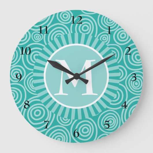 Monogram Turquoise White Spirals - Gepersonaliseer Grote Klok (Voorkant)