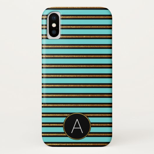 Monogram turquoise, zwart en goudfolie gestreept Case-Mate iPhone case (Achterkant)