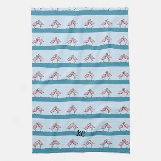 Monogram Twee Roze Flamingo's op het Waterpatroon Theedoek (Verticaal)