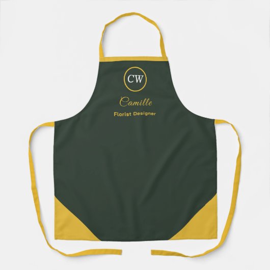 Monogram tweekleurig goud & bosgroen schort (Voorkant)