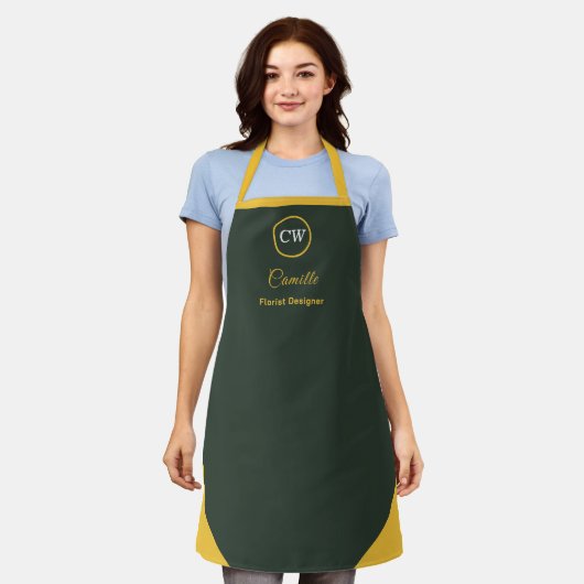 Monogram tweekleurig goud & bosgroen schort (Gedragen)